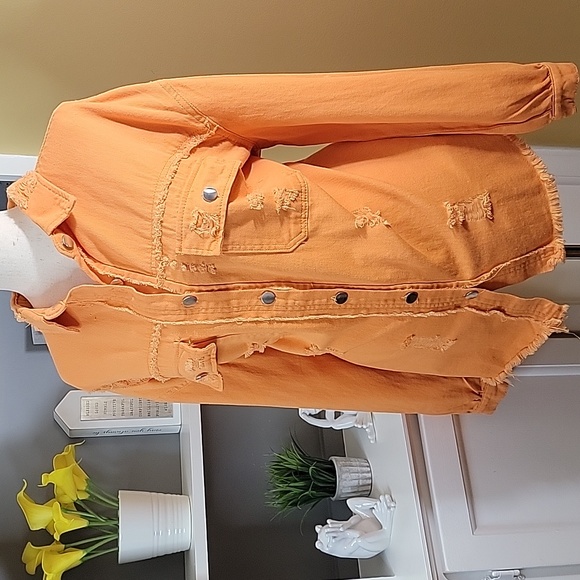 Distressed Button Down Long Sleeve Top Shacket Orange - Picture 7 of 7